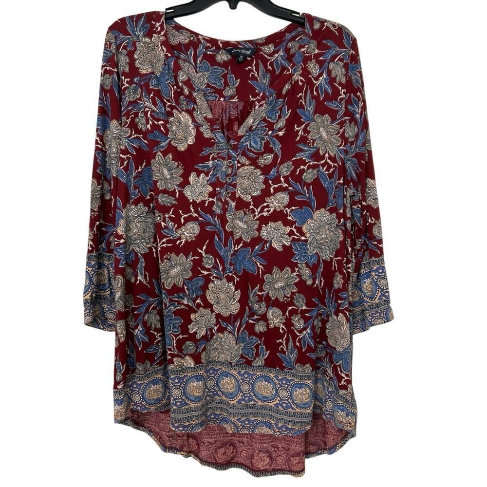 Lucky Brand Burgundy Floral V Neck Hi Low Pop Over Top 1X Country